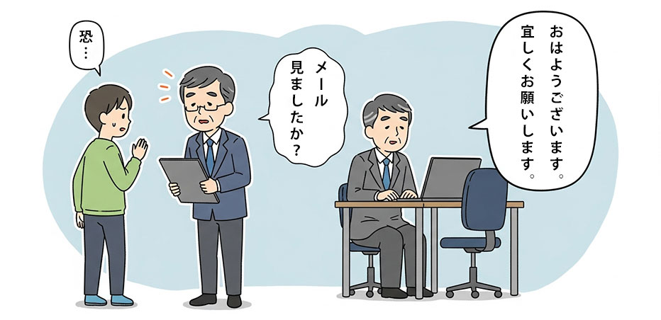 句読点を使ったマルハラの事例:おはようございます。よろしくお願いします。メール見ましたか?恐…