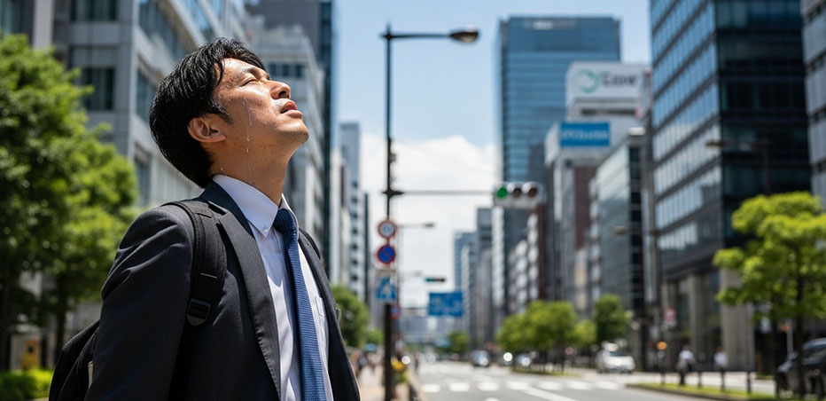 サラリーマンがスーツを着込んで真夏の街中を歩き熱中症気味になっている。