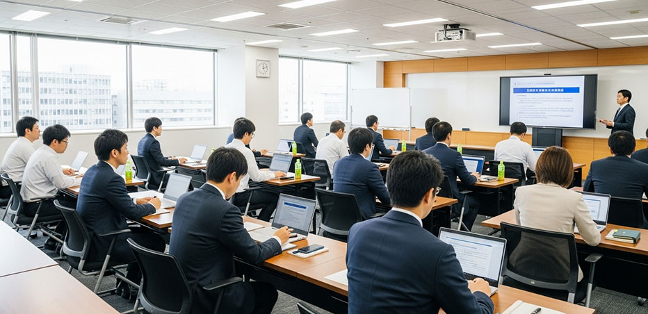 マネージメント層が会社で研修を受けている